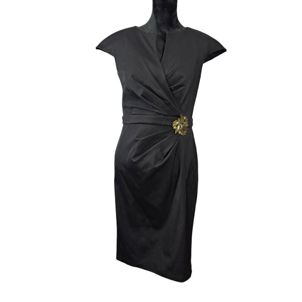 Tadashi Shoji Pleated V Neck Cap Sleeve Gemstone Ruched Black Sheath Dress NEW